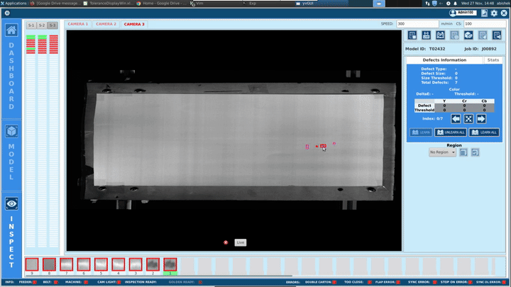 Live capture from YantraVision's inspection software showing the paper web feed and defect information panel